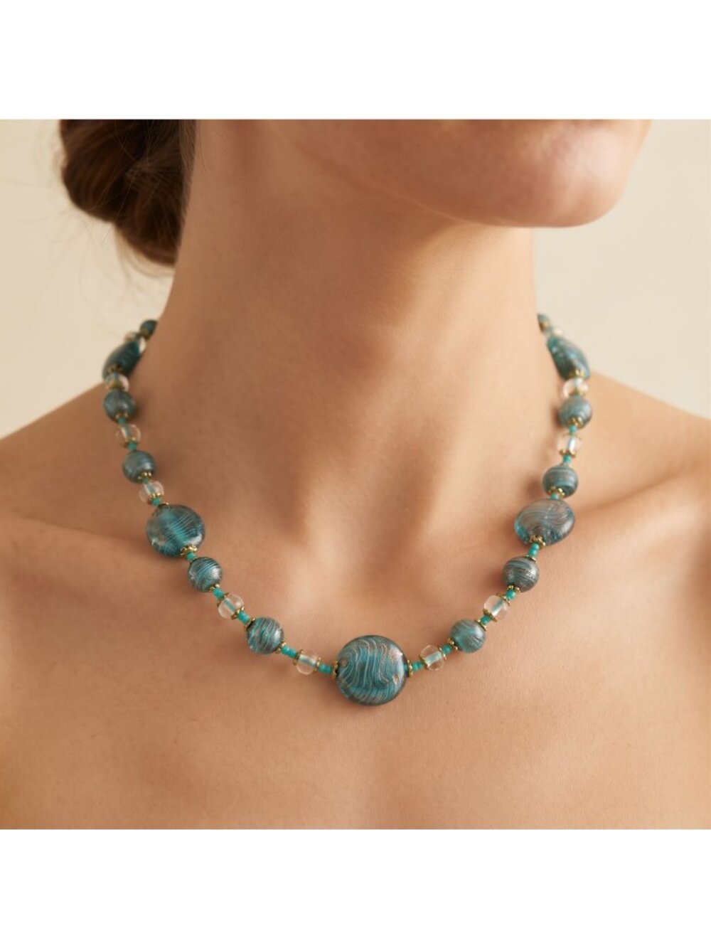Vintage Murano Glass Bead Necklace, Blue Swirl Aventurine Foil 20"